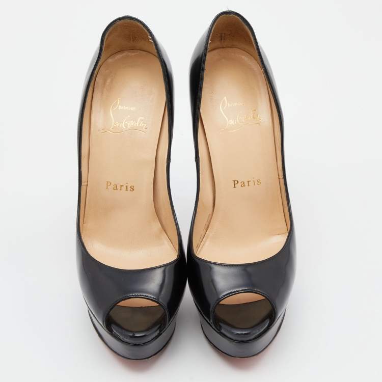 Pre Owned Christian Louboutin Black Patent Leather Lady Peep Pumps Size 36.5