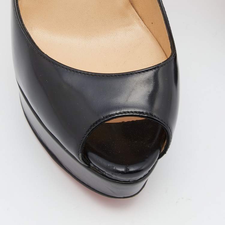 Pre Owned Christian Louboutin Black Patent Leather Lady Peep Pumps Size 36.5