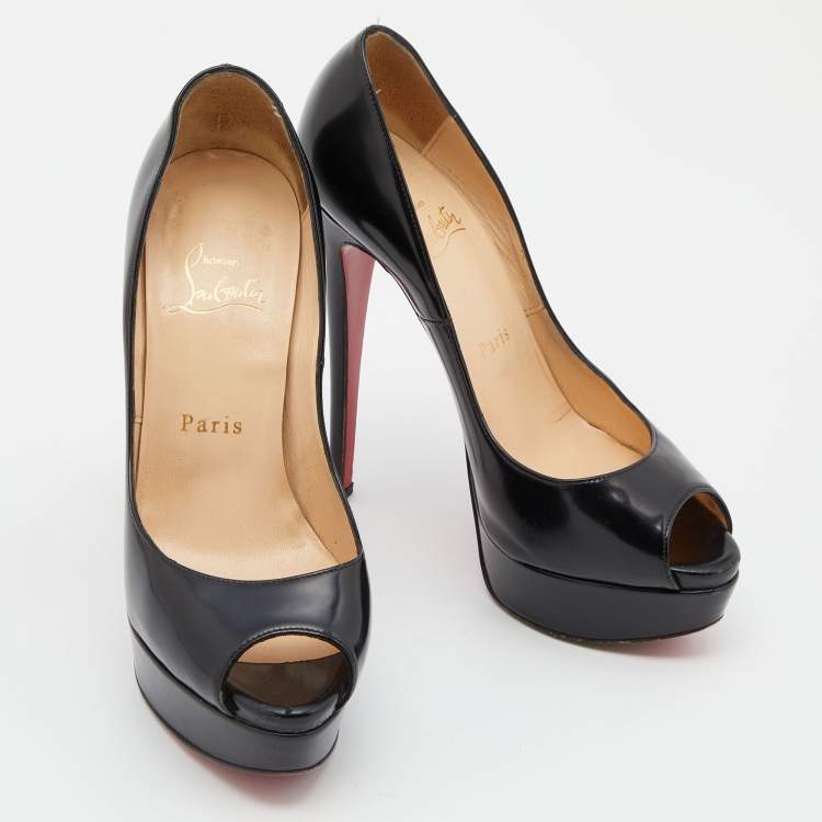 Pre Owned Christian Louboutin Black Patent Leather Lady Peep Pumps Size 36.5