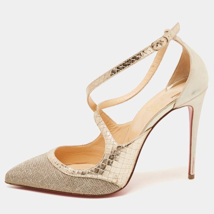 Christian Louboutin Gold Lurex Fabric and Embossed Snakeskin