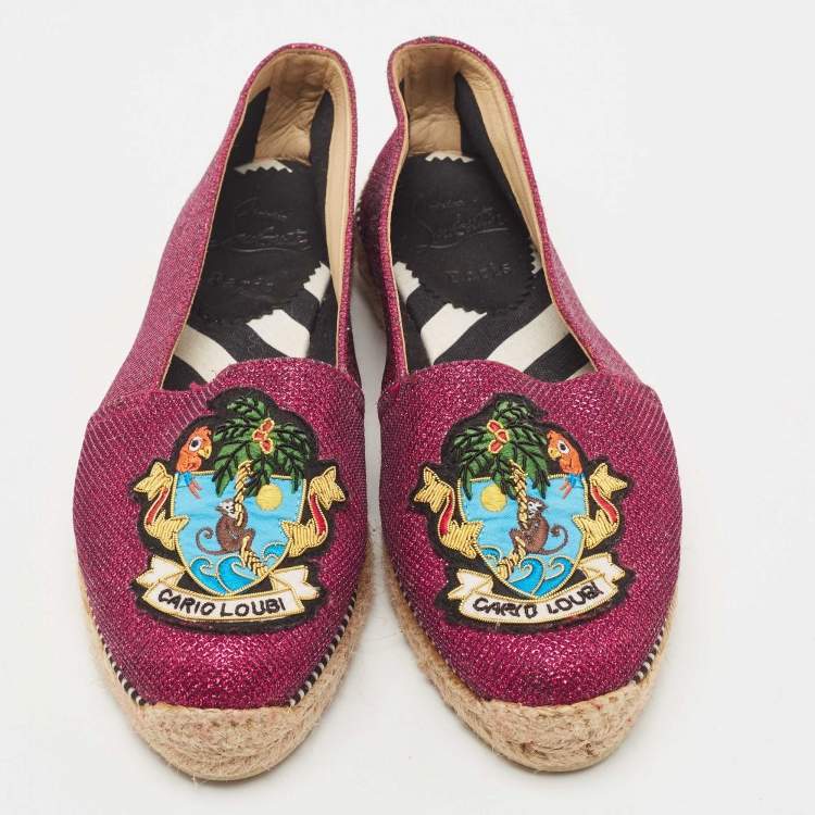 مملوكة مسبقًا Christian Louboutin Metallic Pink Lurex Fabric Cario Loubi Espadrille Flats Size 37