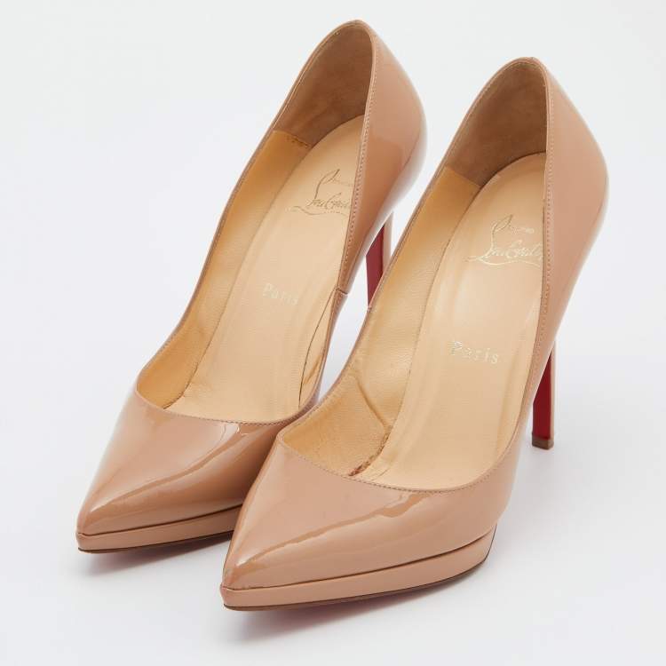 Pre Owned Christian Louboutin Beige Patent Leather Pigalle Plato Pumps Size 38.5