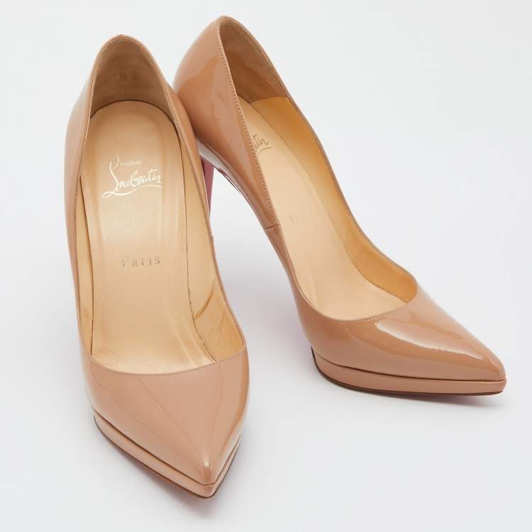 Pre Owned Christian Louboutin Beige Patent Leather Pigalle Plato Pumps Size 38.5