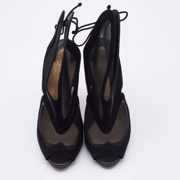 Pre Owned Christian Louboutin Black Suede and Mesh Farfamesh Booties Size 38.5