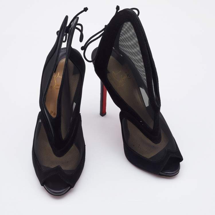 Pre Owned Christian Louboutin Black Suede and Mesh Farfamesh Booties Size 38.5