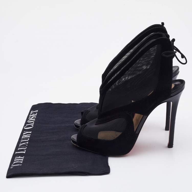 Pre Owned Christian Louboutin Black Suede and Mesh Farfamesh Booties Size 38.5