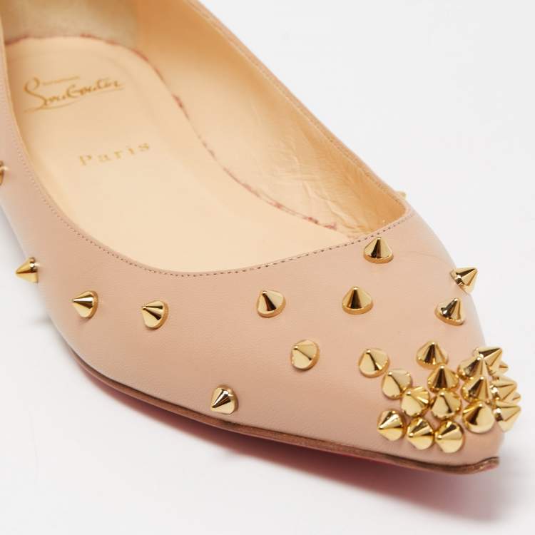 Pre Owned Christian Louboutin Beige Leather Degraspike Pointed Toe Ballet Flats Size 40.5