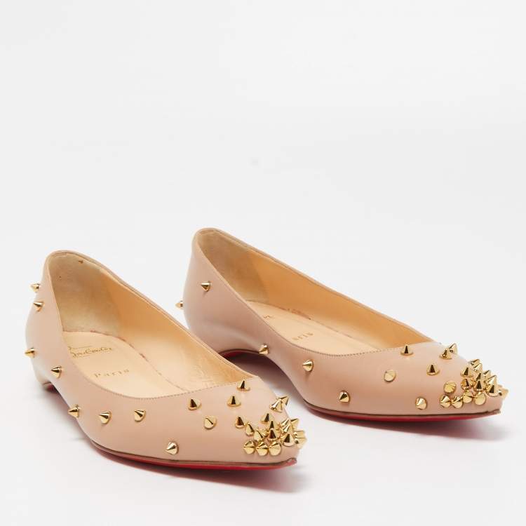 Pre Owned Christian Louboutin Beige Leather Degraspike Pointed Toe Ballet Flats Size 40.5