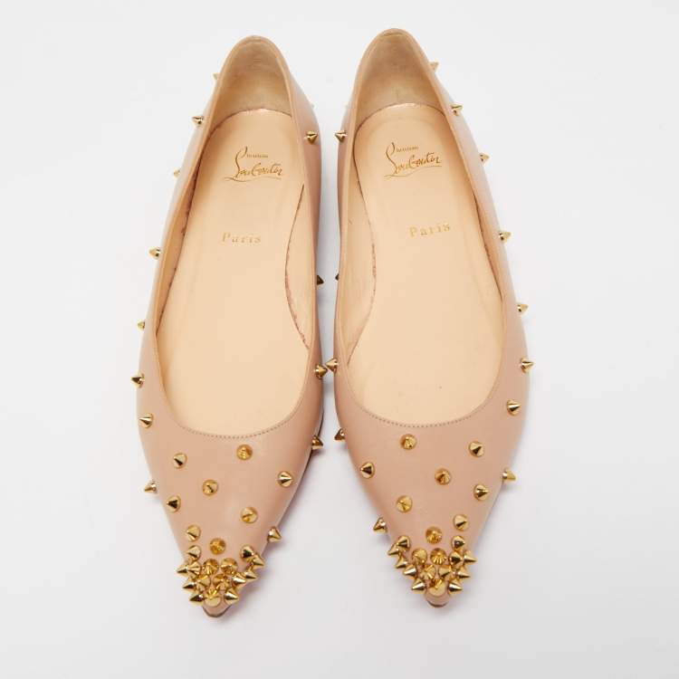 Pre Owned Christian Louboutin Beige Leather Degraspike Pointed Toe Ballet Flats Size 40.5
