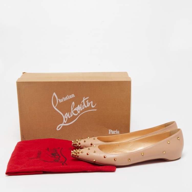 Pre Owned Christian Louboutin Beige Leather Degraspike Pointed Toe Ballet Flats Size 40.5