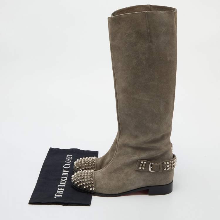 Pre Owned Christian Louboutin Grey Suede Egoutina Spikes Boots Size 40