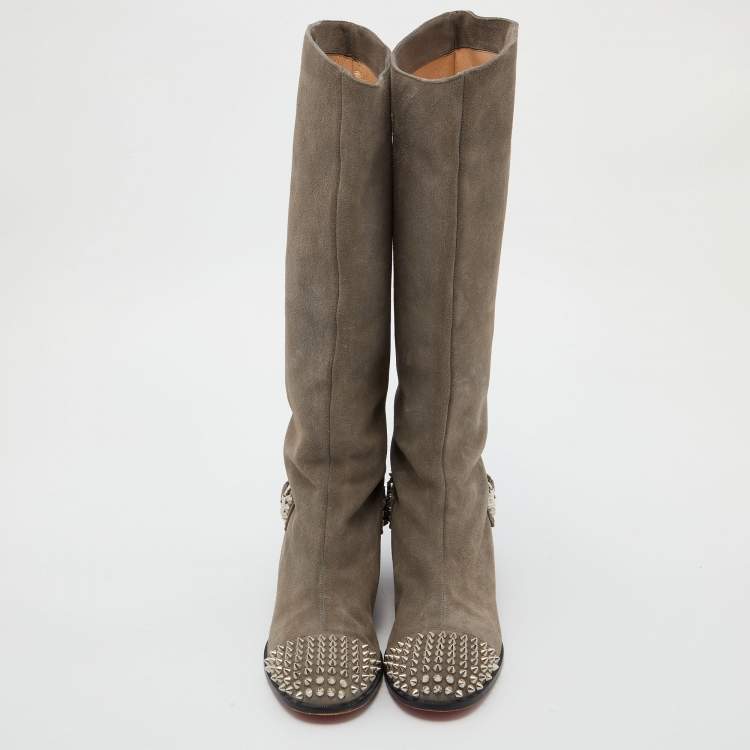 Pre Owned Christian Louboutin Grey Suede Egoutina Spikes Boots Size 40