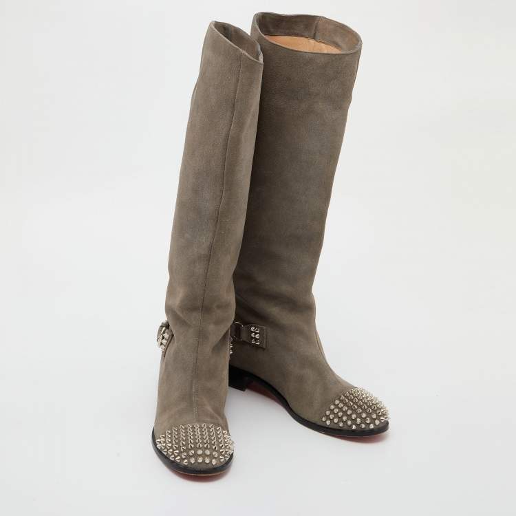 Pre Owned Christian Louboutin Grey Suede Egoutina Spikes Boots Size 40