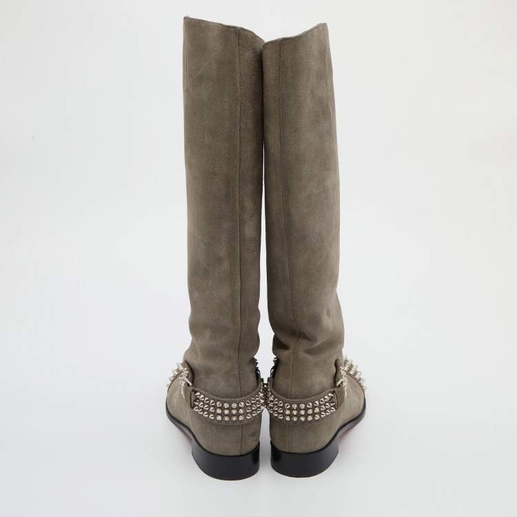 Pre Owned Christian Louboutin Grey Suede Egoutina Spikes Boots Size 40
