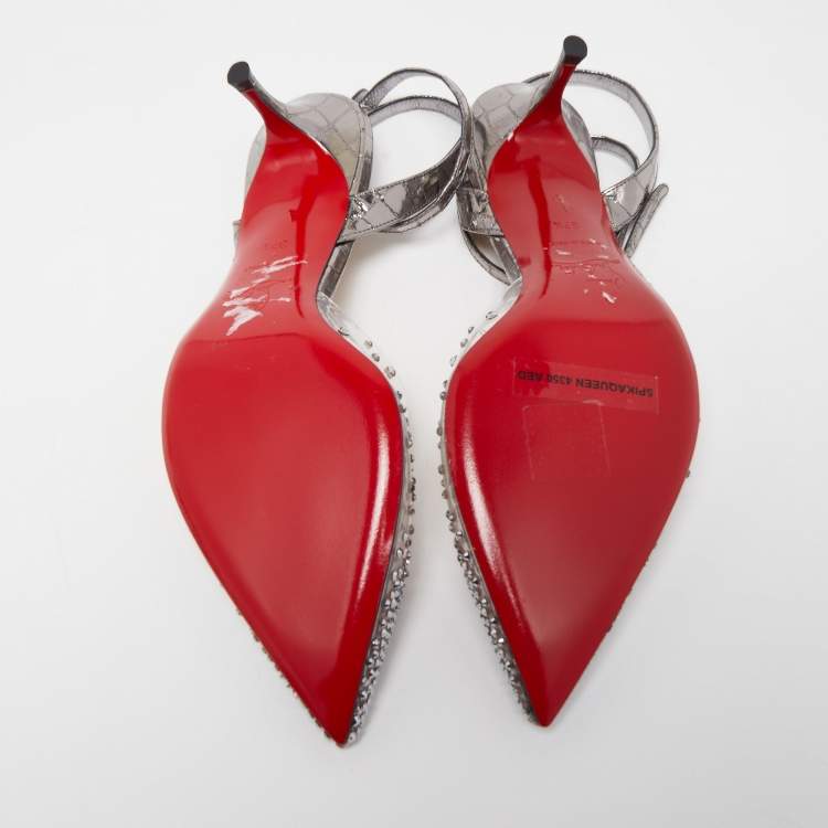 Pre Owned Christian Louboutin Silver Croc Embossed Leather and PVC Spikaqueen Ankle Strap Pumps Size 37.5
