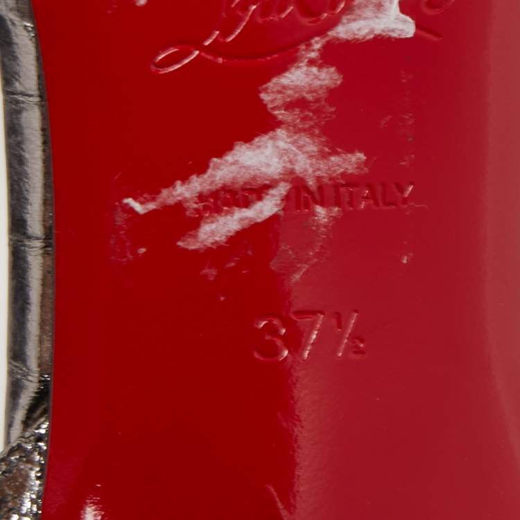 Pre Owned Christian Louboutin Silver Croc Embossed Leather and PVC Spikaqueen Ankle Strap Pumps Size 37.5