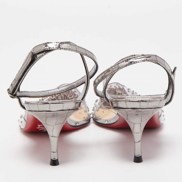 Pre Owned Christian Louboutin Silver Croc Embossed Leather and PVC Spikaqueen Ankle Strap Pumps Size 37.5