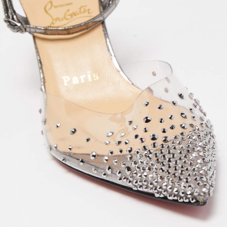 Pre Owned Christian Louboutin Silver Croc Embossed Leather and PVC Spikaqueen Ankle Strap Pumps Size 37.5