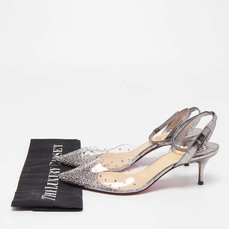 Pre Owned Christian Louboutin Silver Croc Embossed Leather and PVC Spikaqueen Ankle Strap Pumps Size 37.5