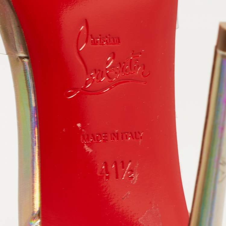 Pre Owned Christian Louboutin Transparent Iridescent Patent Leather and PVC Spikaqueen Ankle-Strap Pumps Size 41.5
