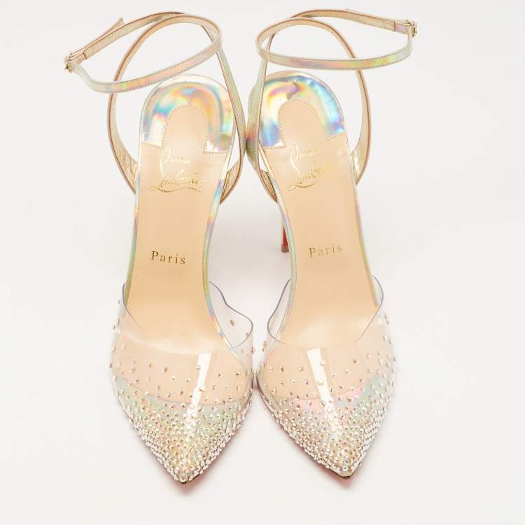 Pre Owned Christian Louboutin Transparent Iridescent Patent Leather and PVC Spikaqueen Ankle-Strap Pumps Size 41.5