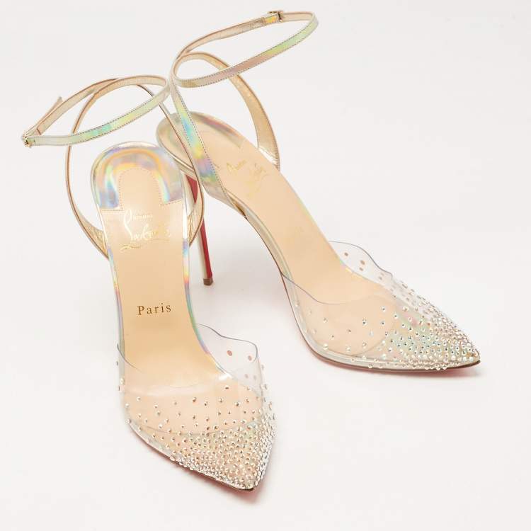 Pre Owned Christian Louboutin Transparent Iridescent Patent Leather and PVC Spikaqueen Ankle-Strap Pumps Size 41.5