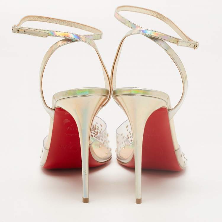 Pre Owned Christian Louboutin Transparent Iridescent Patent Leather and PVC Spikaqueen Ankle-Strap Pumps Size 41.5