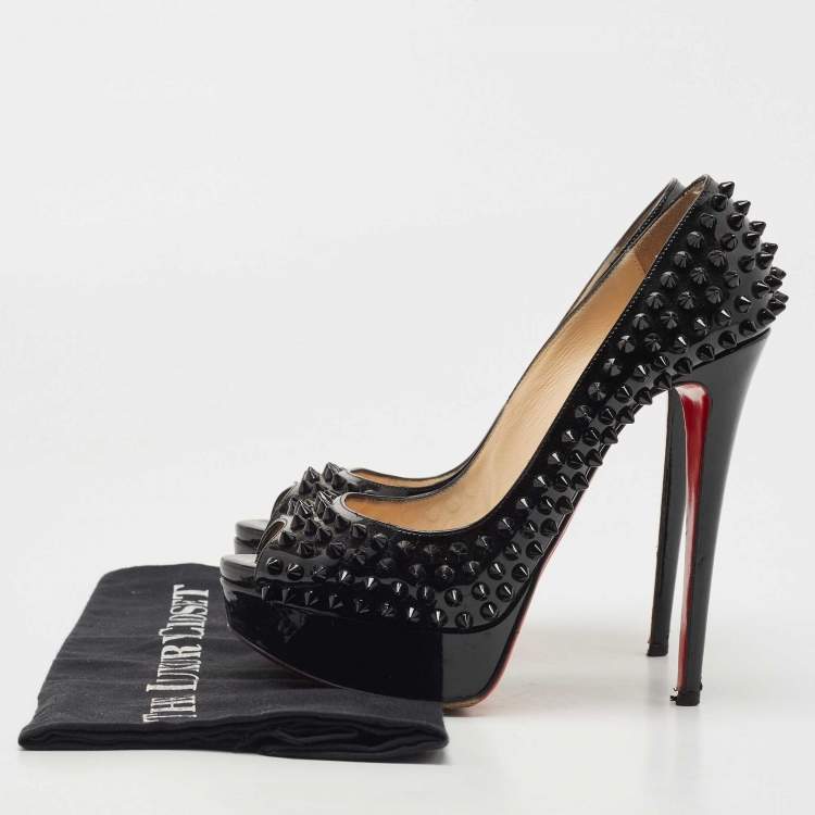 Pre Owned Christian Louboutin Black Patent Leather Lady Peep Spikes Platform Pumps Size 37.5