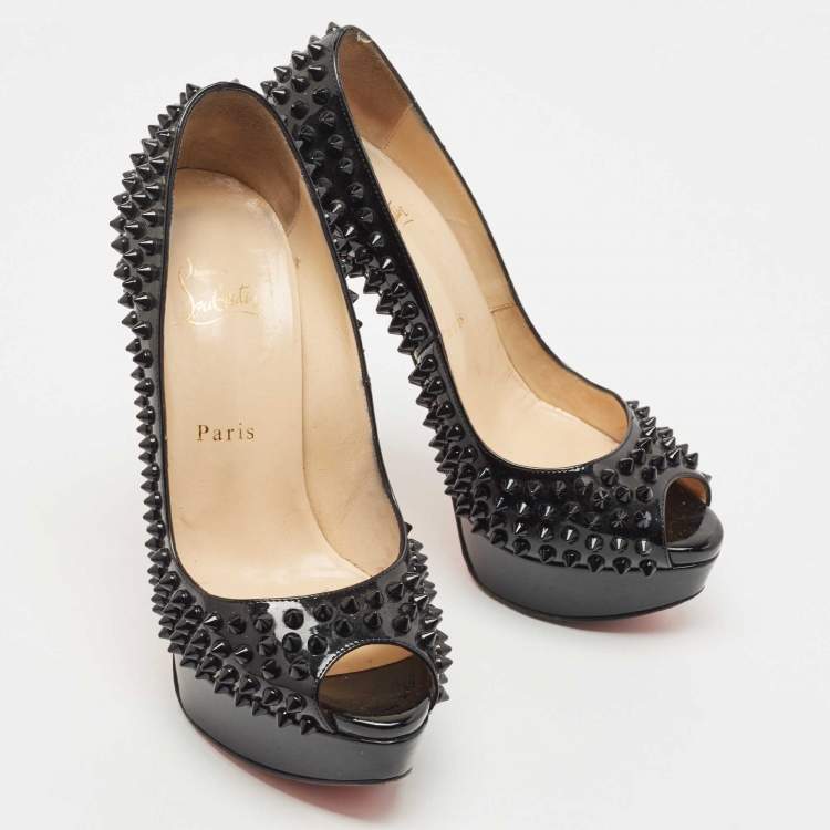 Pre Owned Christian Louboutin Black Patent Leather Lady Peep Spikes Platform Pumps Size 37.5