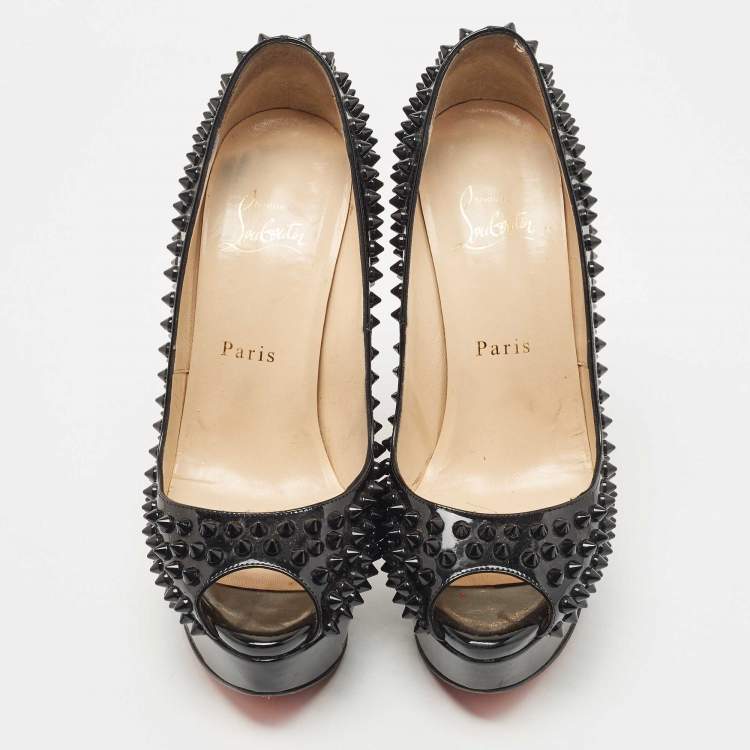 Pre Owned Christian Louboutin Black Patent Leather Lady Peep Spikes Platform Pumps Size 37.5