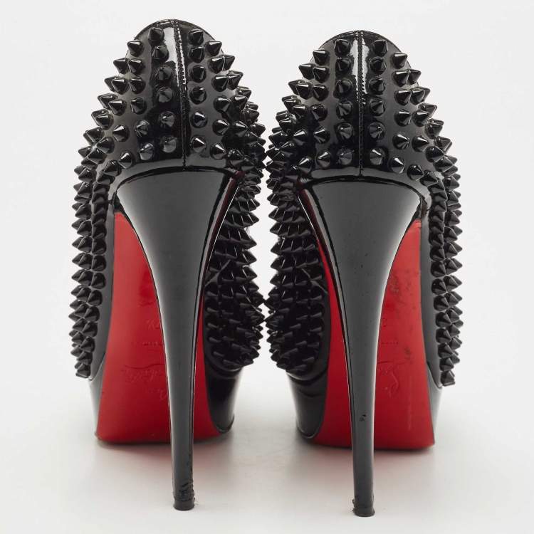 Pre Owned Christian Louboutin Black Patent Leather Lady Peep Spikes Platform Pumps Size 37.5