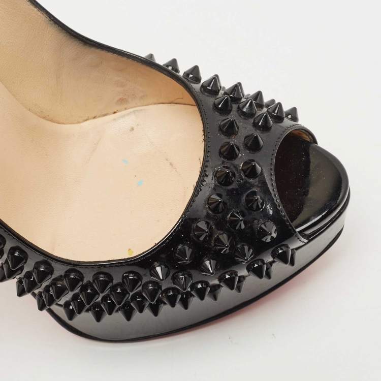 Pre Owned Christian Louboutin Black Patent Leather Lady Peep Spikes Platform Pumps Size 37.5