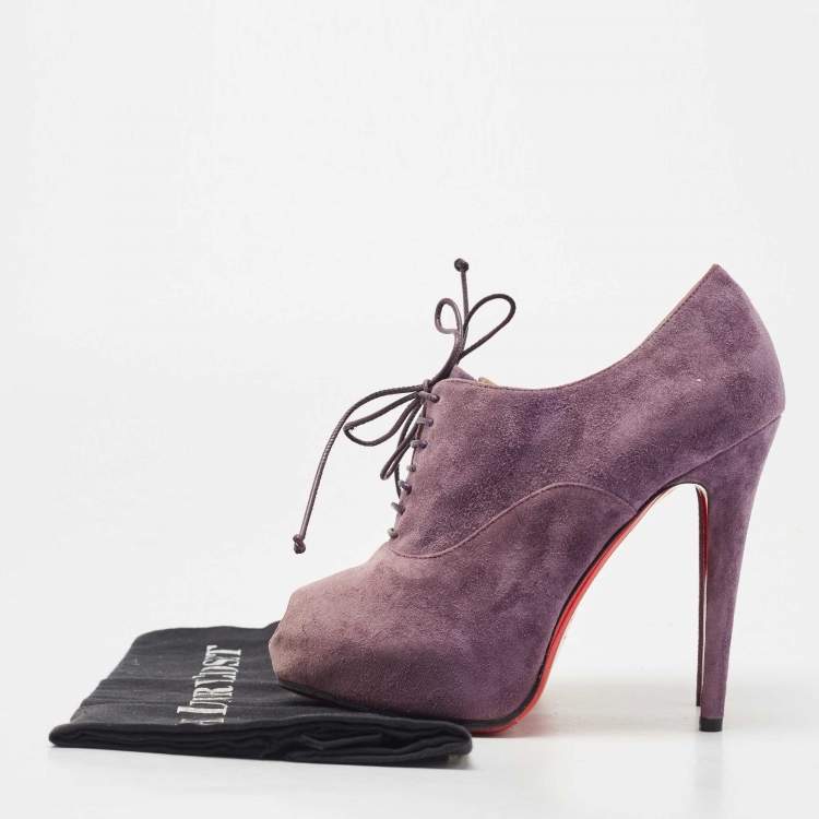 Pre Owned Christian Louboutin Purple Suede Peep Toe Lace Up Booties Size 35.5