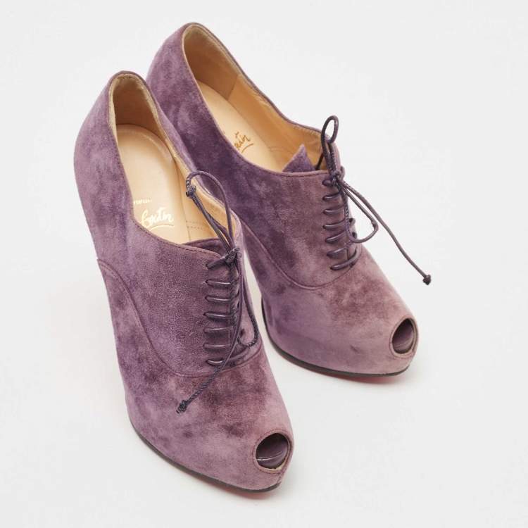 Pre Owned Christian Louboutin Purple Suede Peep Toe Lace Up Booties Size 35.5