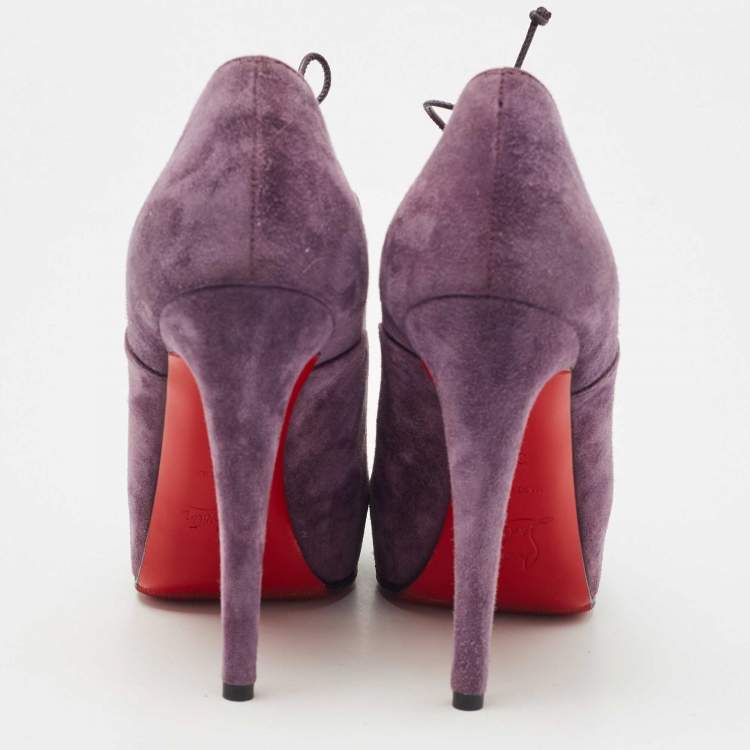 Pre Owned Christian Louboutin Purple Suede Peep Toe Lace Up Booties Size 35.5