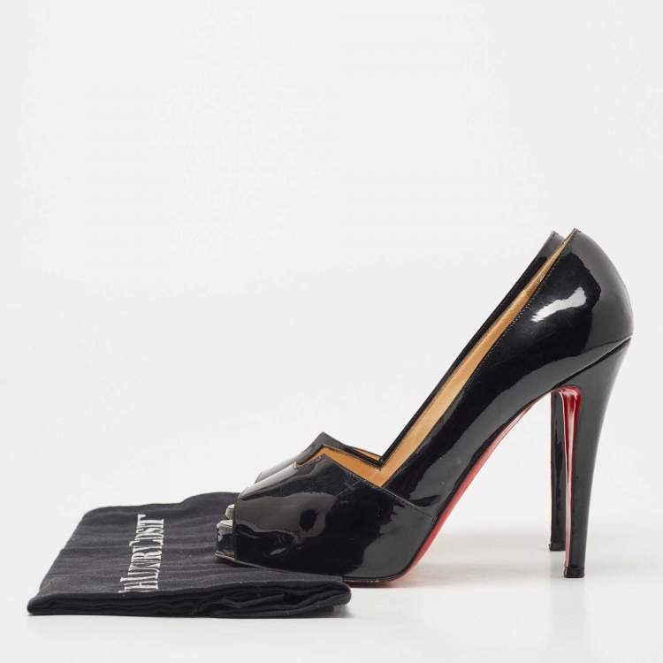 Pre Owned Christian Louboutin Black Patent Leather Peep Toe Pumps Size 38.5