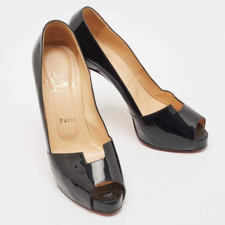 Pre Owned Christian Louboutin Black Patent Leather Peep Toe Pumps Size 38.5