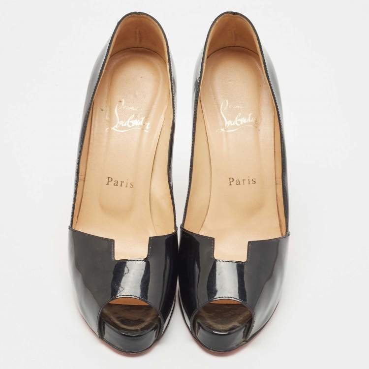 Pre Owned Christian Louboutin Black Patent Leather Peep Toe Pumps Size 38.5