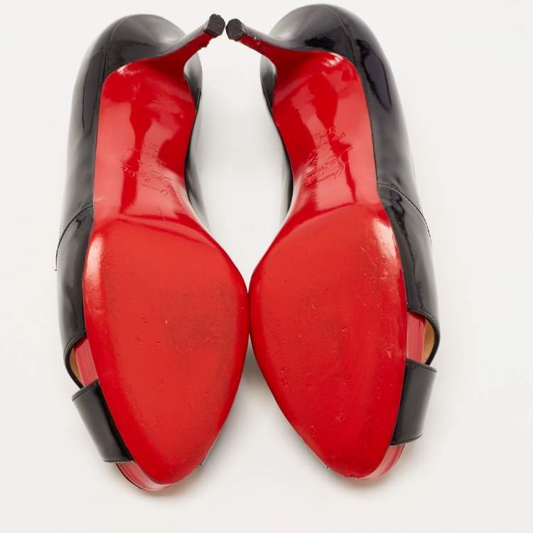 Pre Owned Christian Louboutin Black Patent Leather Shelley Peep Toe Pumps Size 37.5