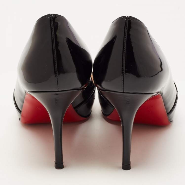 Pre Owned Christian Louboutin Black Patent Leather Shelley Peep Toe Pumps Size 37.5