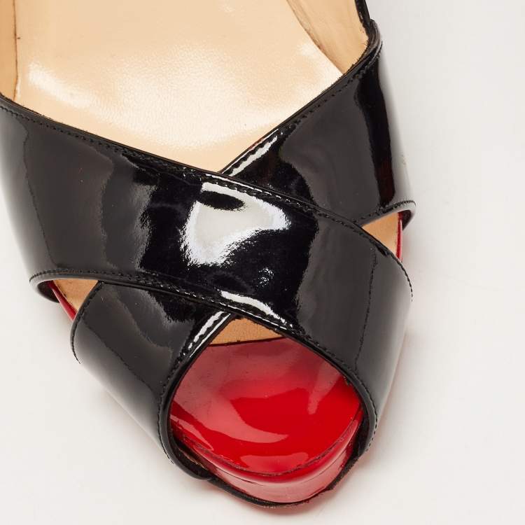 Pre Owned Christian Louboutin Black Patent Leather Shelley Peep Toe Pumps Size 37.5