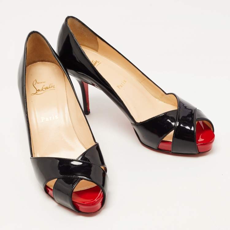 Pre Owned Christian Louboutin Black Patent Leather Shelley Peep Toe Pumps Size 37.5