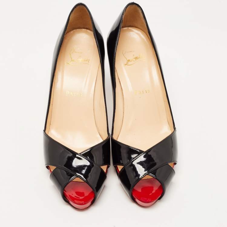 Pre Owned Christian Louboutin Black Patent Leather Shelley Peep Toe Pumps Size 37.5