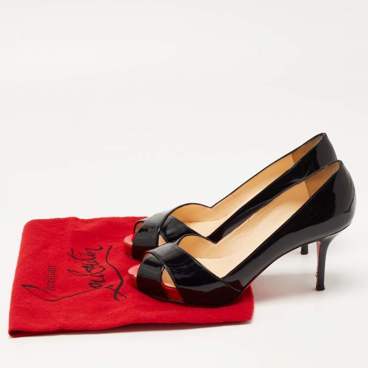 Pre Owned Christian Louboutin Black Patent Leather Shelley Peep Toe Pumps Size 37.5