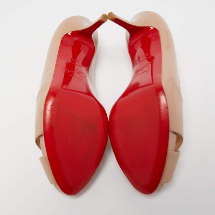 Pre Owned Christian Louboutin Beige Patent Leather Shelley Peep Toe Pumps Size 37.5