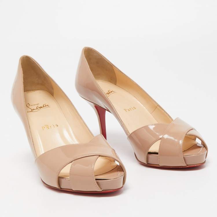Pre Owned Christian Louboutin Beige Patent Leather Shelley Peep Toe Pumps Size 37.5