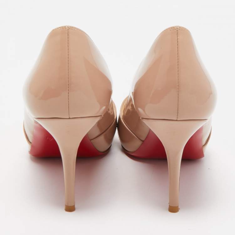 Pre Owned Christian Louboutin Beige Patent Leather Shelley Peep Toe Pumps Size 37.5