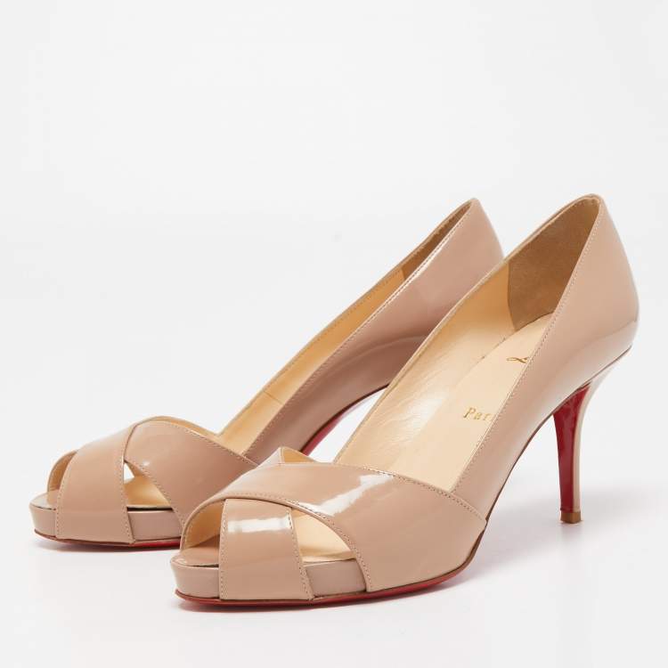 Pre Owned Christian Louboutin Beige Patent Leather Shelley Peep Toe Pumps Size 37.5