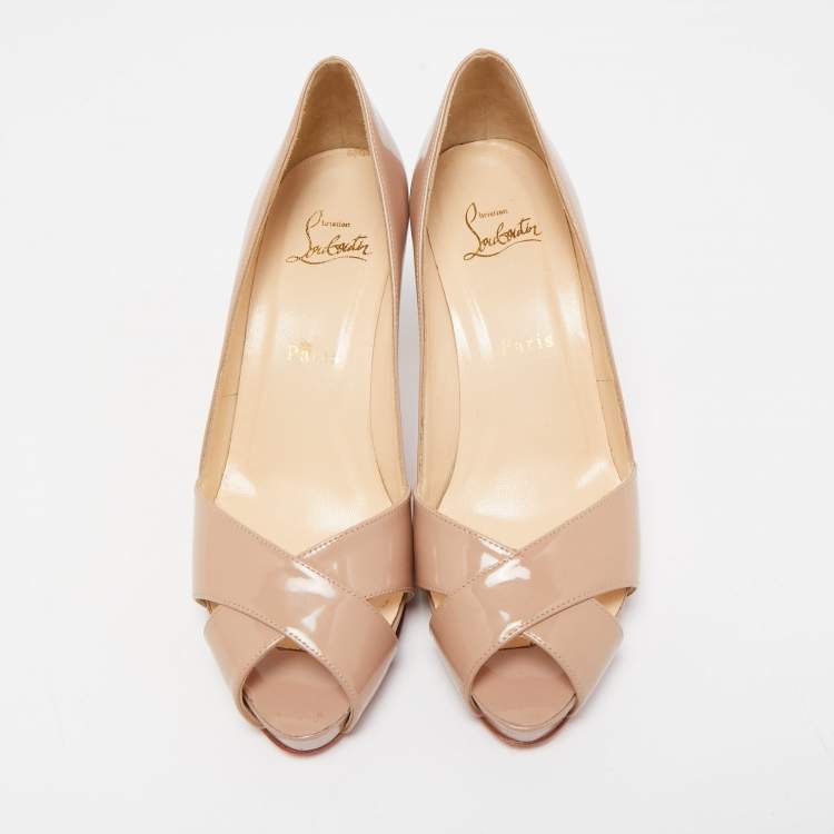 Pre Owned Christian Louboutin Beige Patent Leather Shelley Peep Toe Pumps Size 37.5