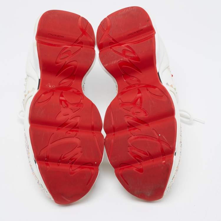 Pre Owned Christian Louboutin White/Pink Leather and Coarse Glitter Red Runner Donna Sneakers Size 36.5